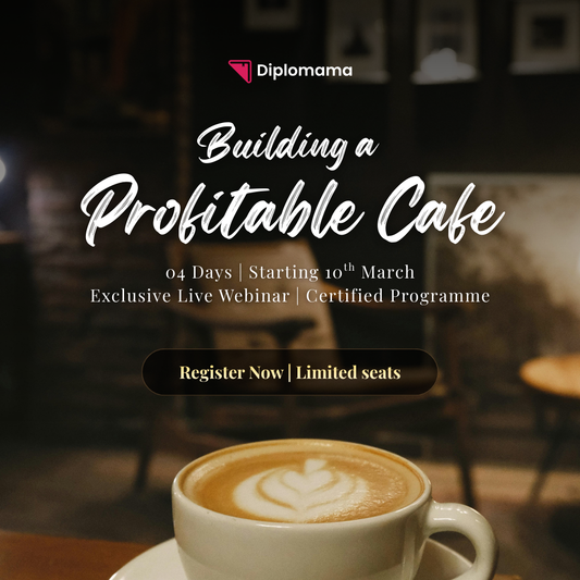 Promotional graphic for a 'Building a Profitable Cafe' webinar from Diplomama with a blurred cafe background.