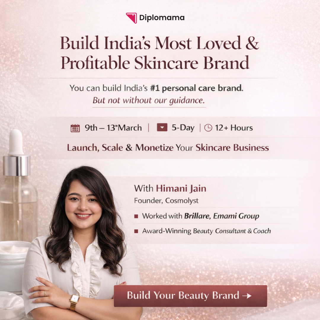 Advertisement of diplomama for webinar named "Business of Beauty" and building a skincare brand with a woman and product on a light background.