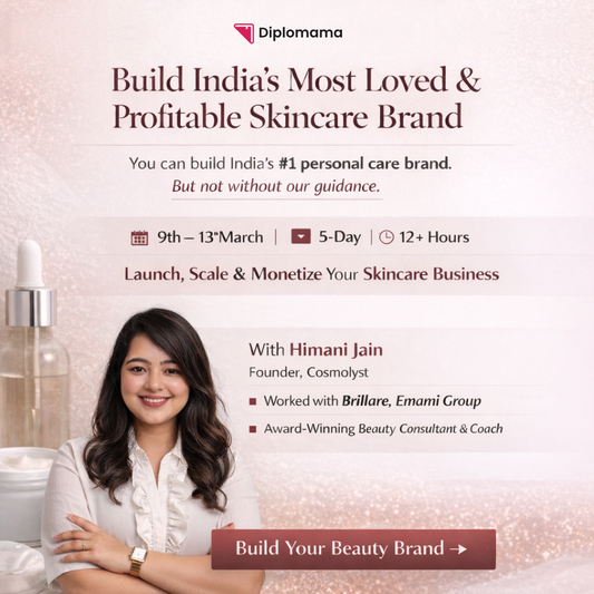 Advertisement of diplomama for webinar named "Business of Beauty" and building a skincare brand with a woman and product on a light background.